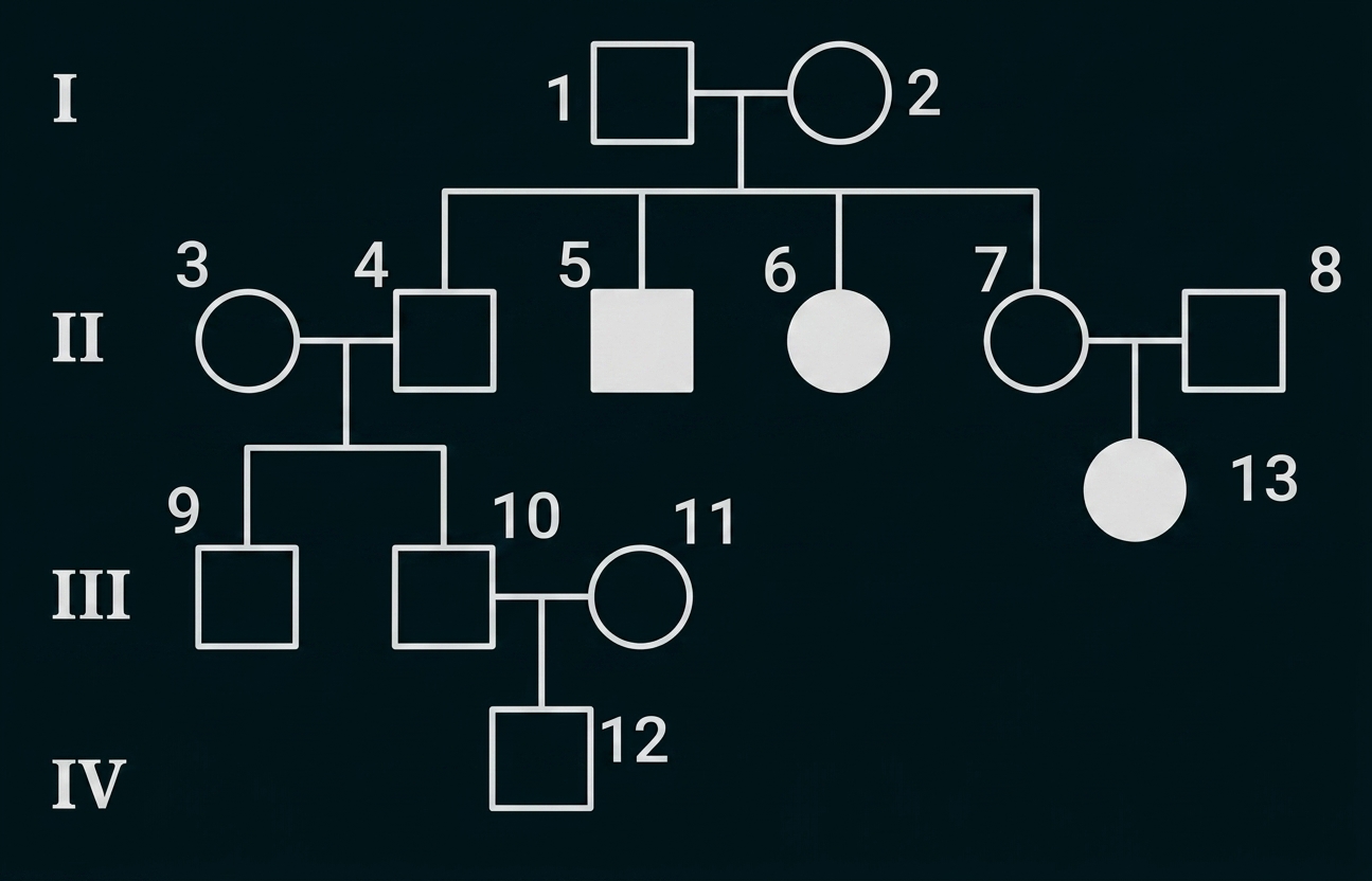 Stammbaum (Pedigree) mit vier Generationen, nummerierten Personen; einige Kreise/Quadrate sind schwarz markiert.